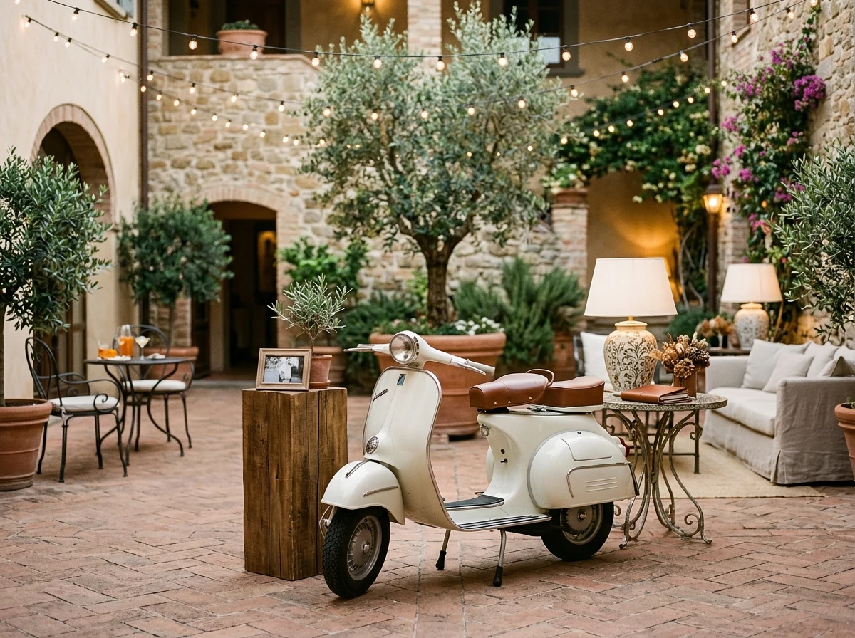 Vespa crema integrada en la decoración de un patio