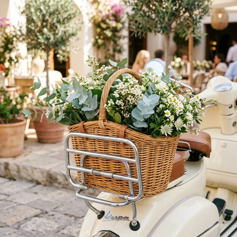 Cesta de flores silvestres sobre Vespa clásica