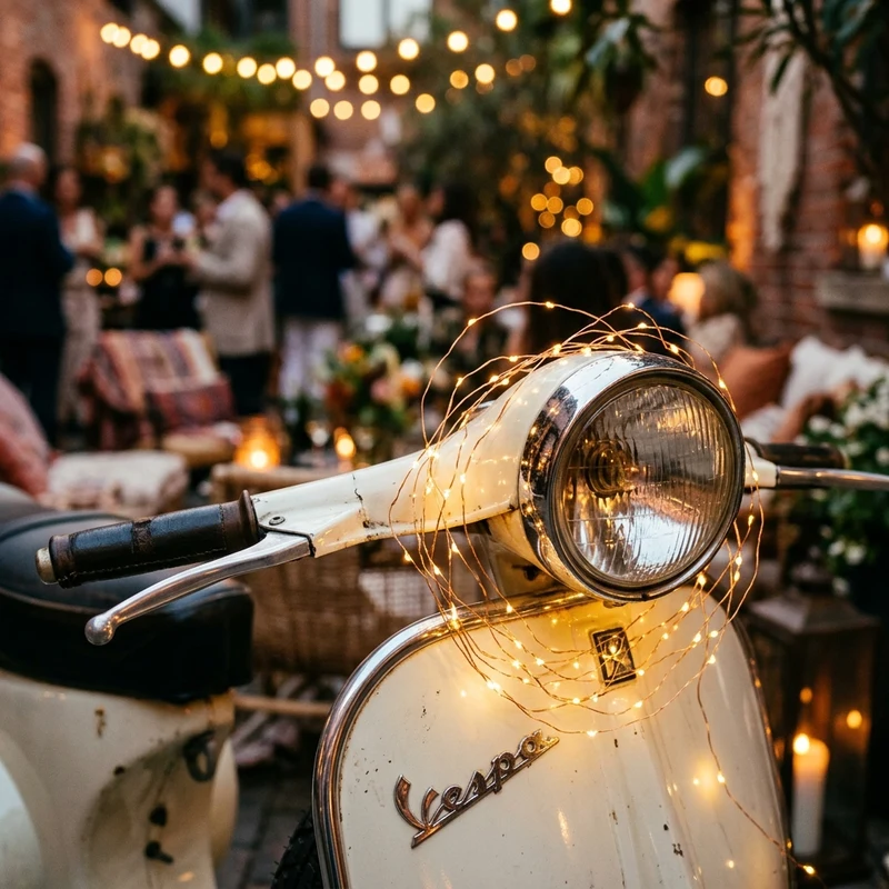 Ambientación con luces cálidas sobre Vespa clásica
