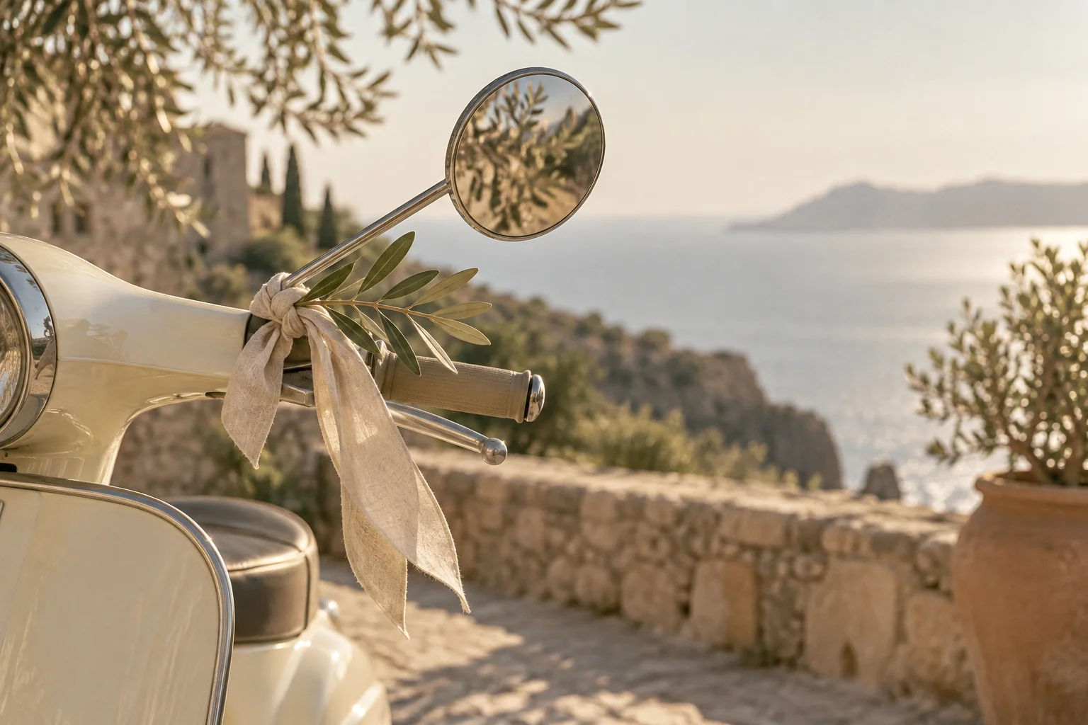 Detalle de Vespa clásica con ramas de olivo en paisaje mediterráneo