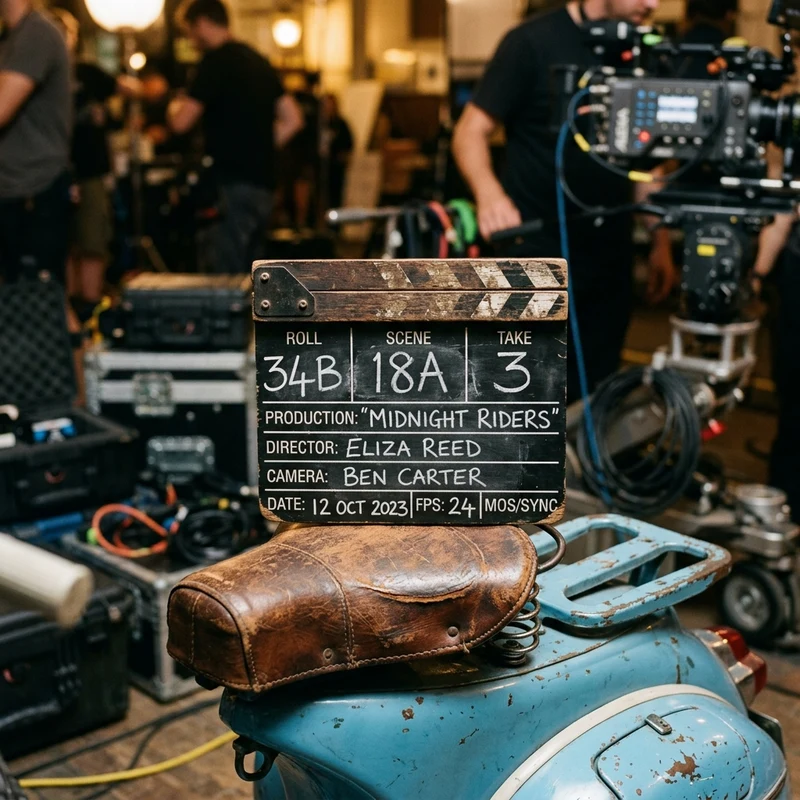 Claqueta de cine sobre el asiento de una Vespa clásica en rodaje