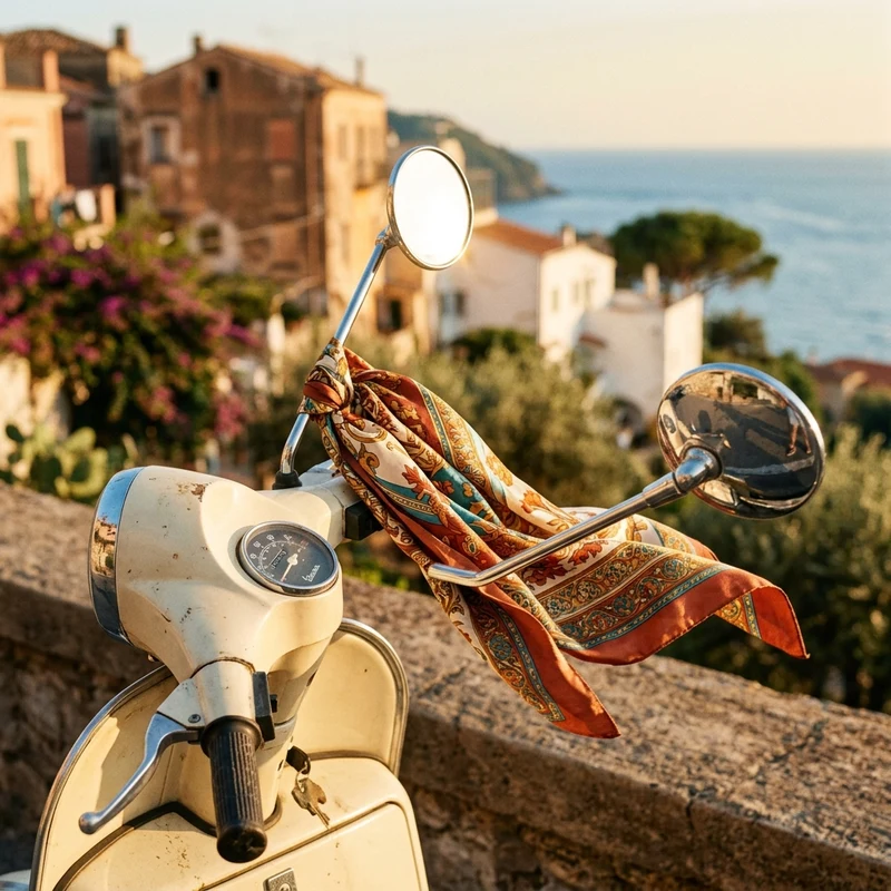 Pañuelo de seda al viento en el espejo retrovisor de la Vespa