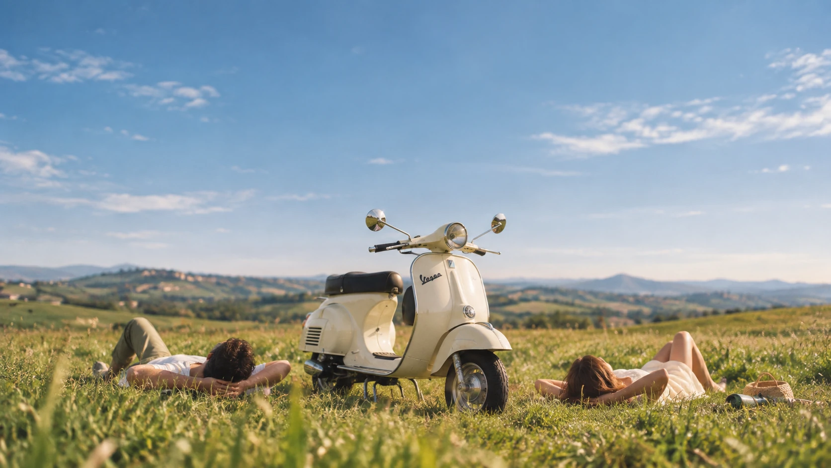 Vespa crema en un paisaje abierto